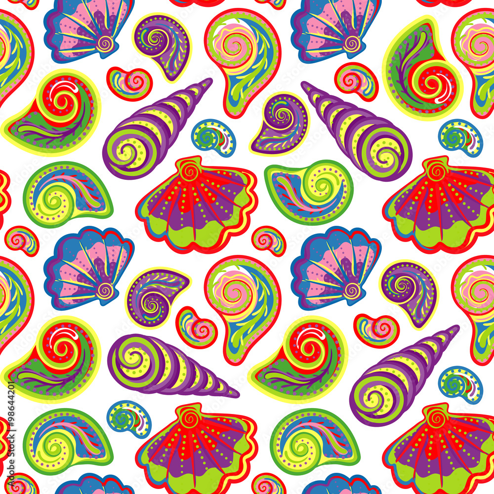 Naklejka premium Hand draw sea shells pattern. Seamless texture with hand painted oceanic life objects. Vector summer background