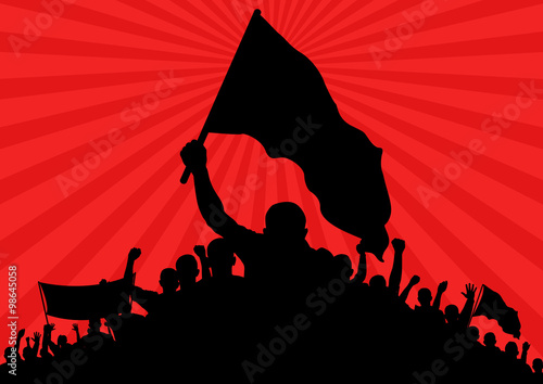 background with silhouette of protesters with flags and banner