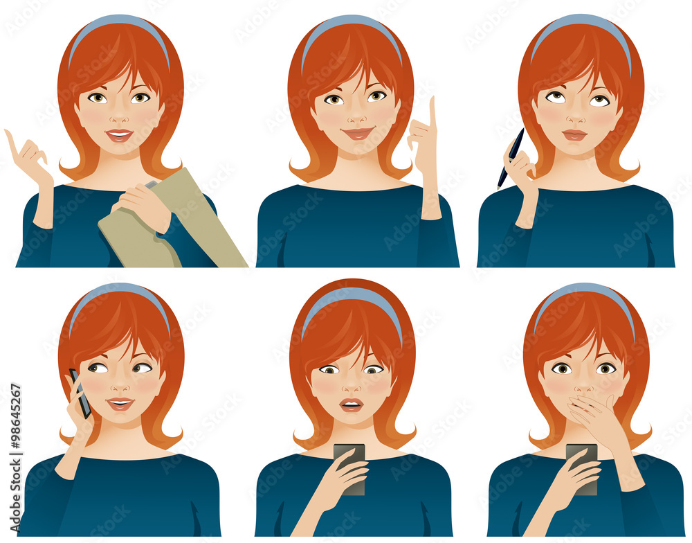 Young business woman with various facial expressions, gesturing and using smartphone. Young business woman with various facial expressions, gesturing and using smartphone.