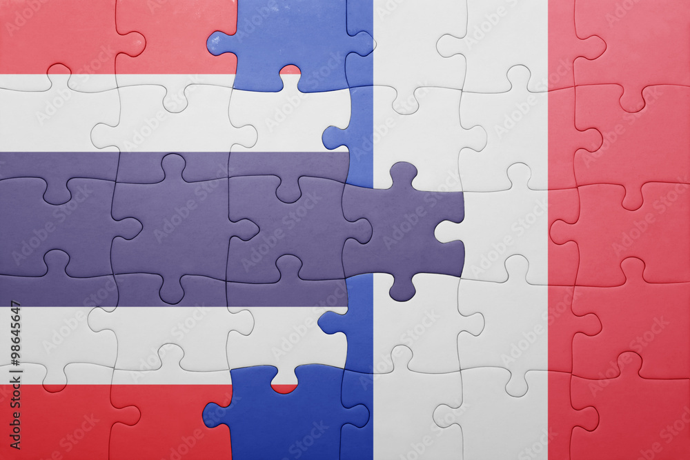 puzzle with the national flag of thailand and france puzzle with the national flag of thailand and france