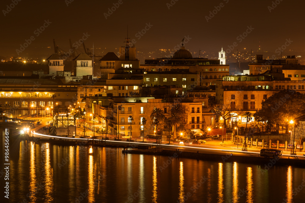 Night scene in Old Havana with a view of the bay