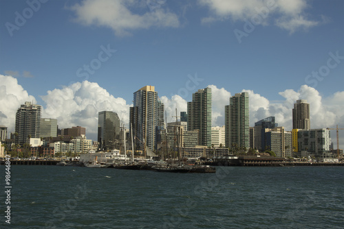 View of Historical ship museums in San Diego, California. City skyline background