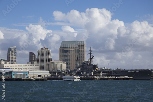 Port of San Diego. Midway museum, downtown city skyline and bay.