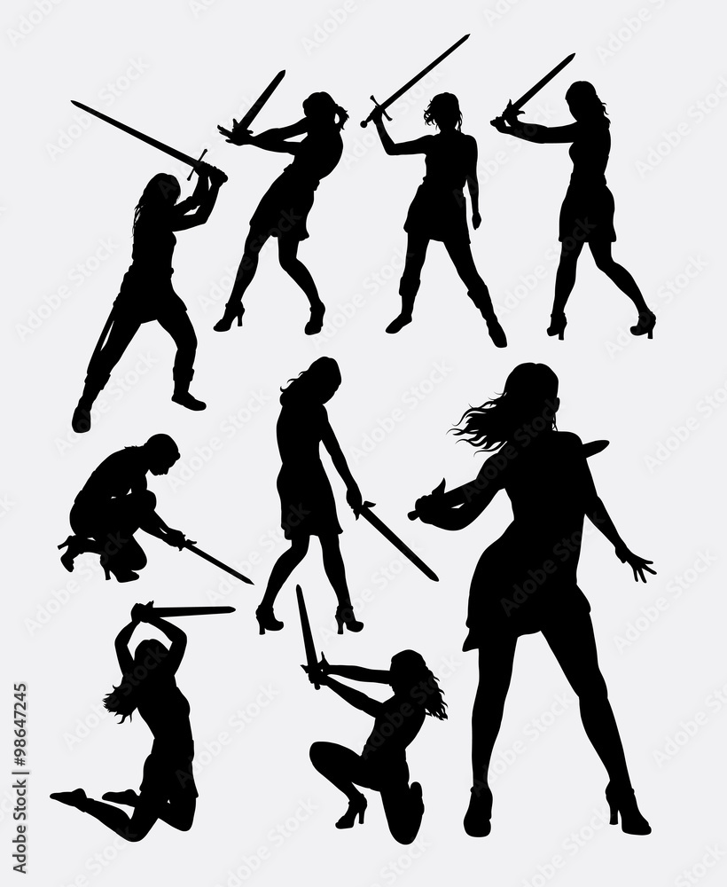 Fototapeta premium Warrior girl with sword weapon silhouette. Good use for symbol, logo, web icon, game element, mascot, character, sign, or any design you want. Easy to use.