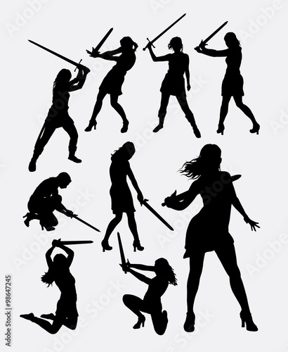 Warrior girl with sword weapon silhouette. Good use for symbol, logo, web icon, game element, mascot, character, sign, or any design you want. Easy to use.