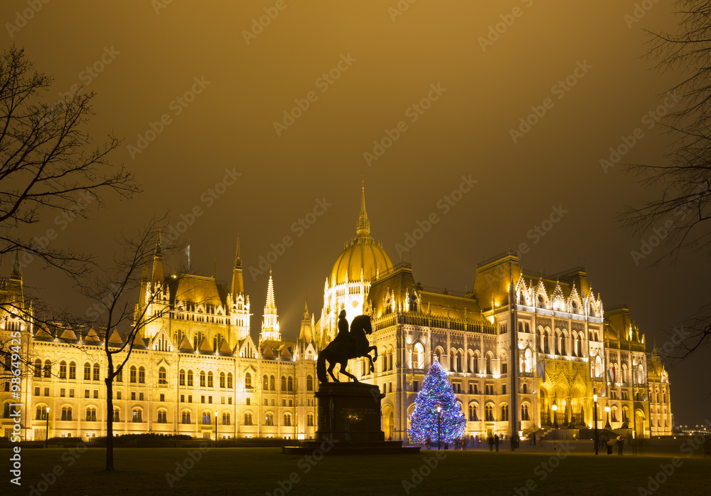 Christmas Tree In Front Off Parliament Building, At Kossuth Squa