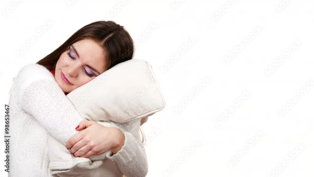 Woman sleepy tired girl with pillow almost falling asleep 4K Woman sleepy tired girl with pillow almost falling asleep 4K