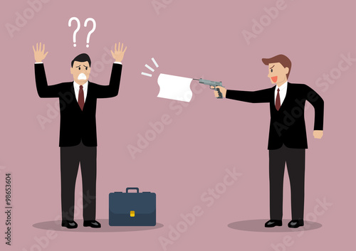 Businessman shots a white flat to other businessman