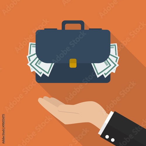 Hand with briefcase full of money
