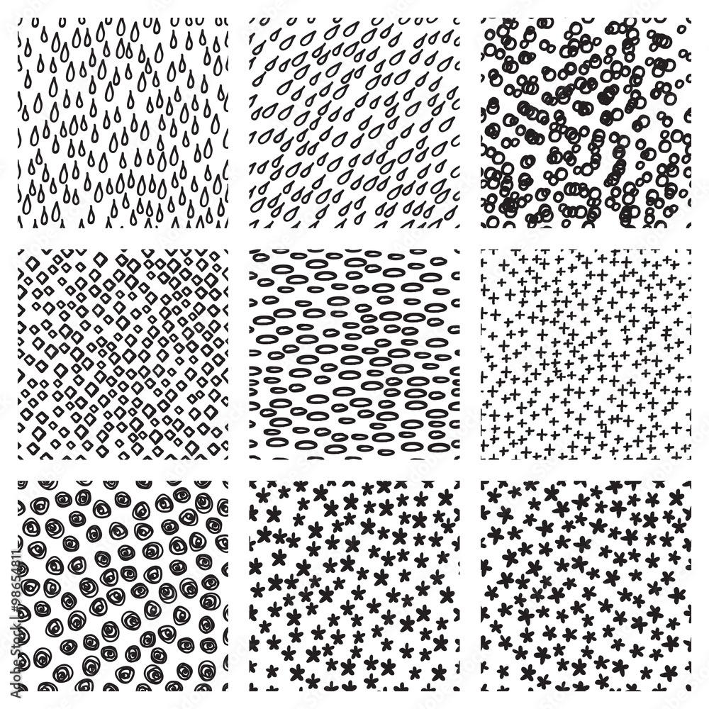 Set of nine black and white seamless hand drawn texture pattern