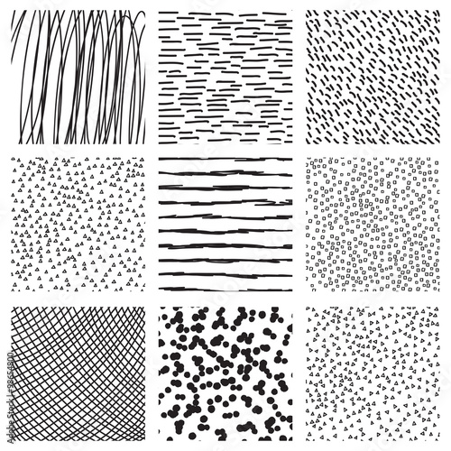 Set of ink hand drawn hatch texture. Collection of vector ink lines, points, hatching, strokes. Abstract black and white backgrounds.