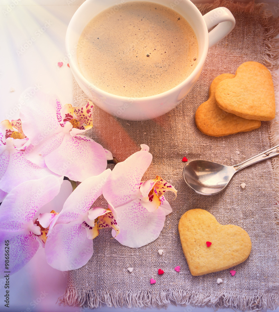 Hearts, valentine, cookies, orchid, cup of coffee and light rays