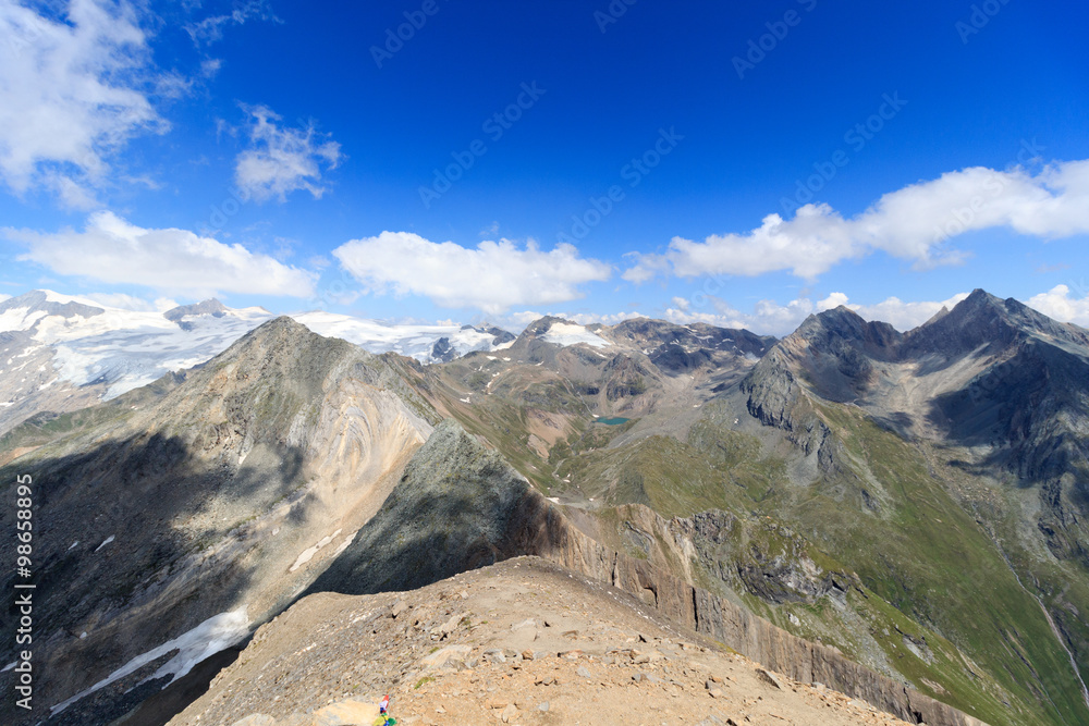Panorama with lake Eissee, mountain Weißspitze and glacier Großvenediger in the Hohe Tauern Alps, Austria Panorama with lake Eissee, mountain Weißspitze and glacier Großvenediger in the Hohe Tauern Alps, Austria