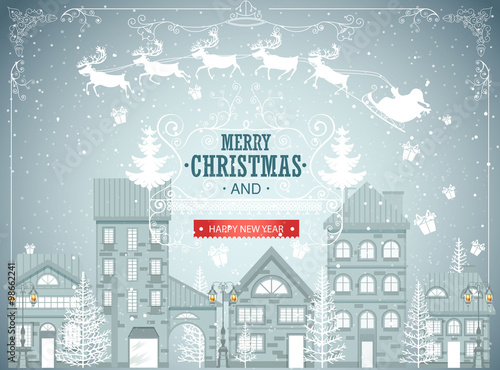 Christmas city landscape, urban winter background, vintage card, snowfall vector illustration
