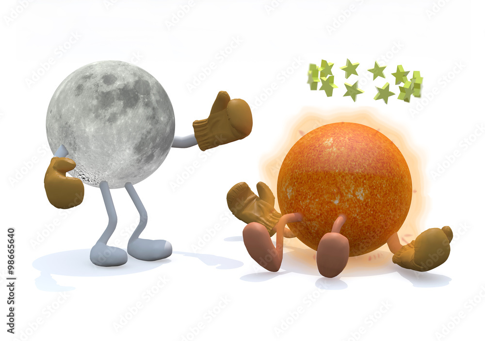 Fototapeta premium sun and moon with arms, legs and boxing gloves