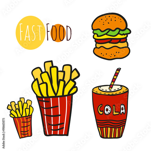 Hand drawn fast food set. Doodle street food. Fries potato, cola and burgers icon collection