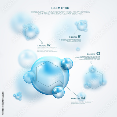 Sci-fi molecules vector infographics with transparent spheres