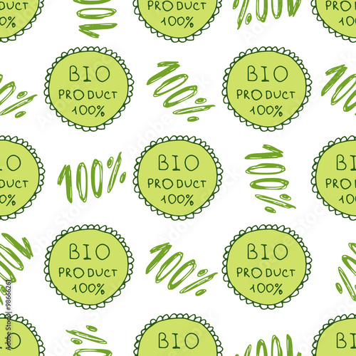 Bio green pattern. Eco seamless background. 100% Organic natural backdrop.Hand drawn texture. Farm, healthy product decor