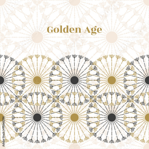 Seamless vintage border. Vector black and gold circle retro texture. Golden age background.