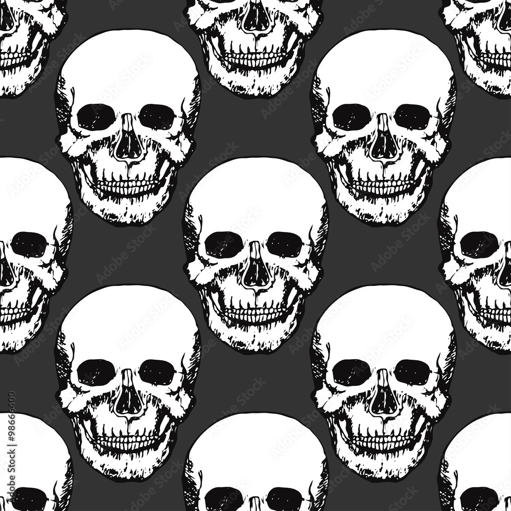 Black skulls print. Skull pattern. Hand drawn swatch for textile, fabric,  wrapping. Vector art Stock Vector