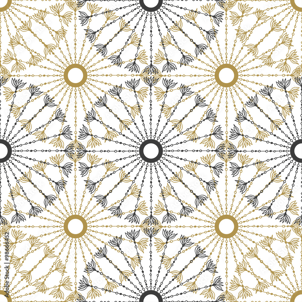 Seamless geometric vintage pattern. Vector black and gold circle retro texture.