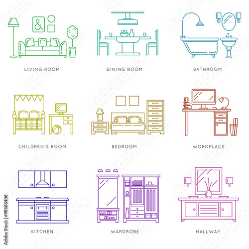 Home rooms interior in linear style. Vector icons set