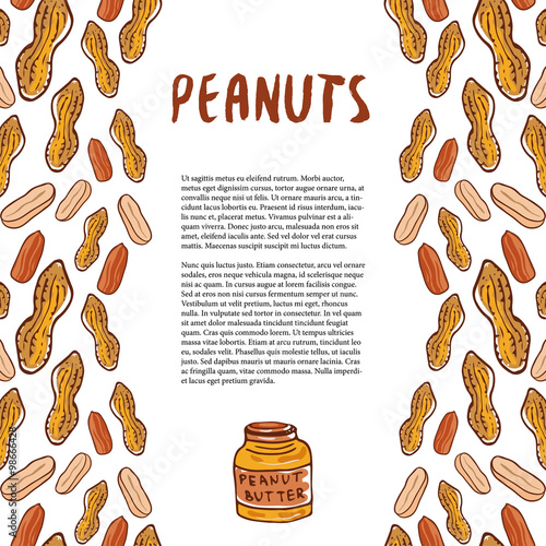 Cute peanuts template. Sketched nuts hand drawn vector background. For your packaging design, healthy food magazine page.
