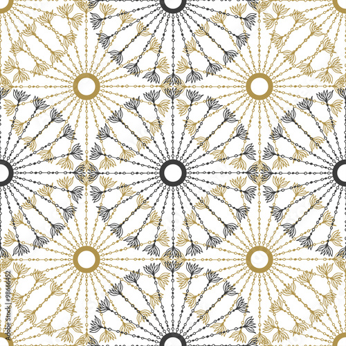 Seamless geometric vintage pattern. Vector black and gold circle retro texture.