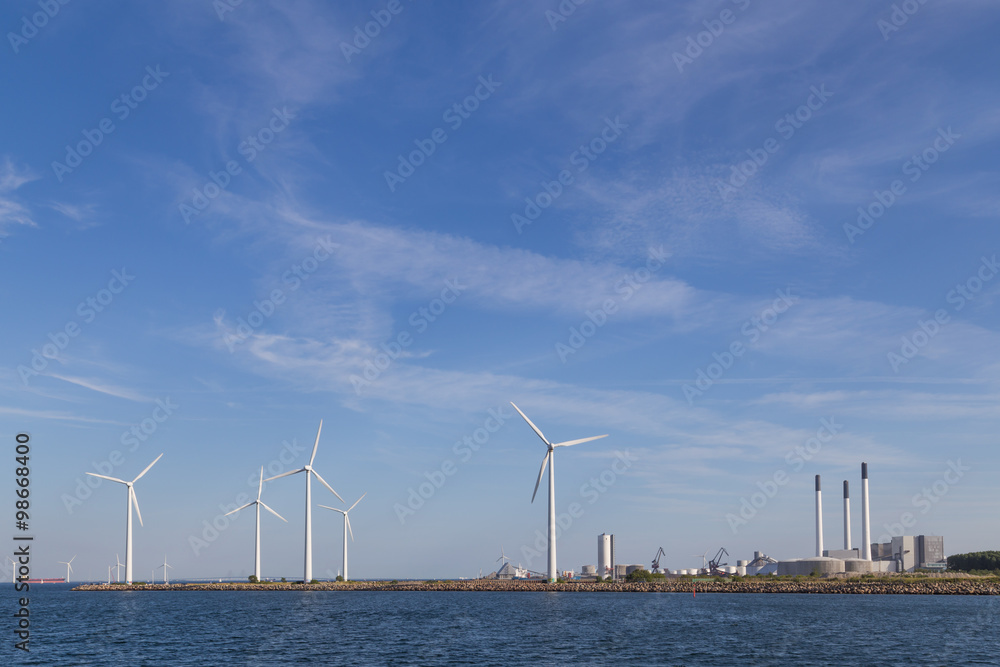 Fototapeta premium Wind power plants and industry in Copenhagen