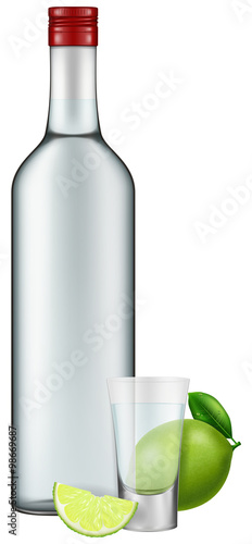 Photo-realistic illustration of a vodka bottle, shot glass and lime.