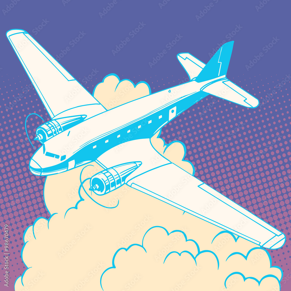 Naklejka premium Airplane in the clouds vintage retro travel flights