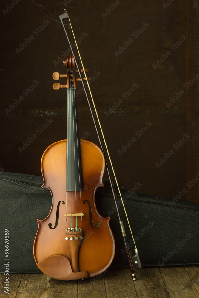 Fototapeta premium vintage violin resting against an old steel background