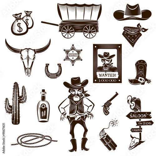 Cowboy Black White Icons Set 