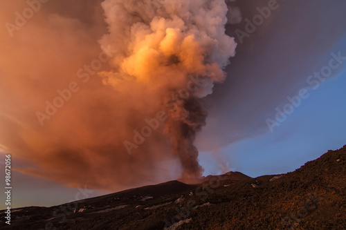 Volcano eruption. Mount Etna erupting from the crater Voragine