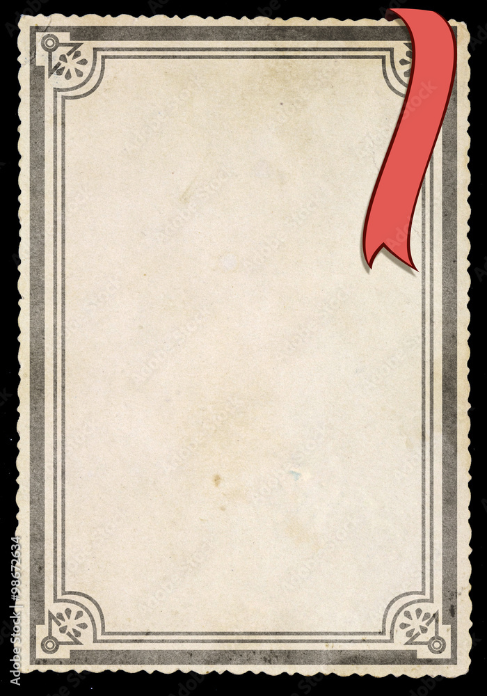 Fototapeta premium Old retro paper sheet with ornamental frame, isolated on black background.