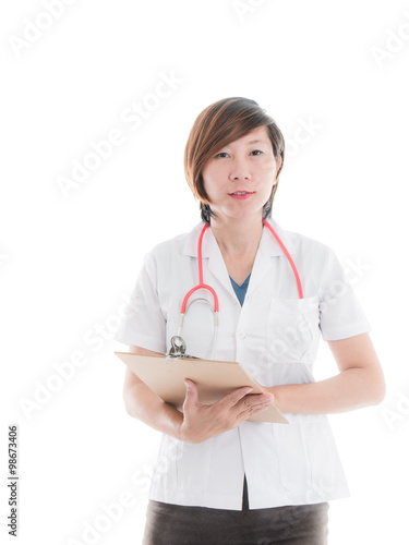 Happy Asian trusted Doctor Woman isolated on white background