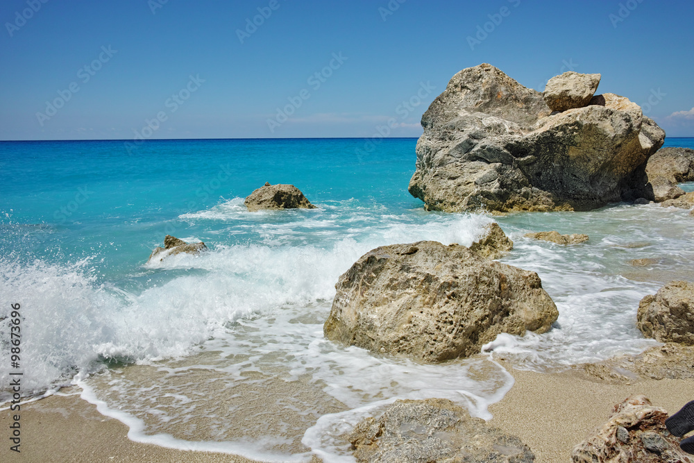 waves crashing on the rocks at Megali Petra Beach, Lefkada, Ionian Islands, Greece