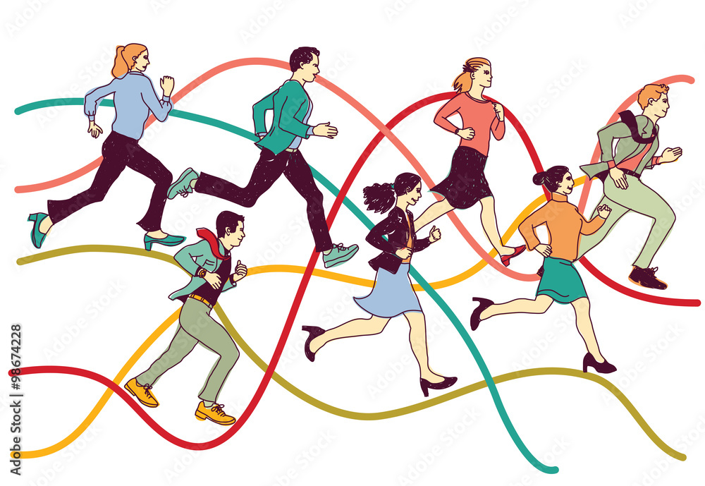 Fototapeta premium Business people group run on graph line. 
