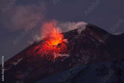 Volcano eruption. Mount Etna erupting from the crater Southeast 