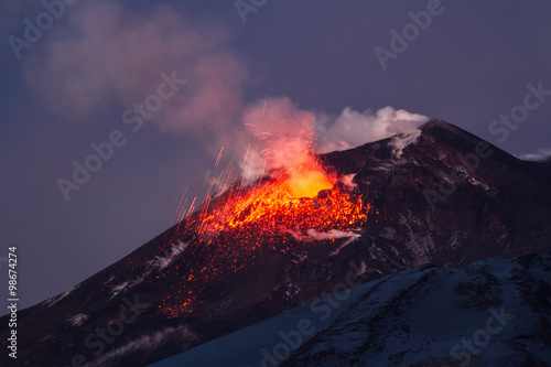 Volcano eruption. Mount Etna erupting from the crater Southeast 