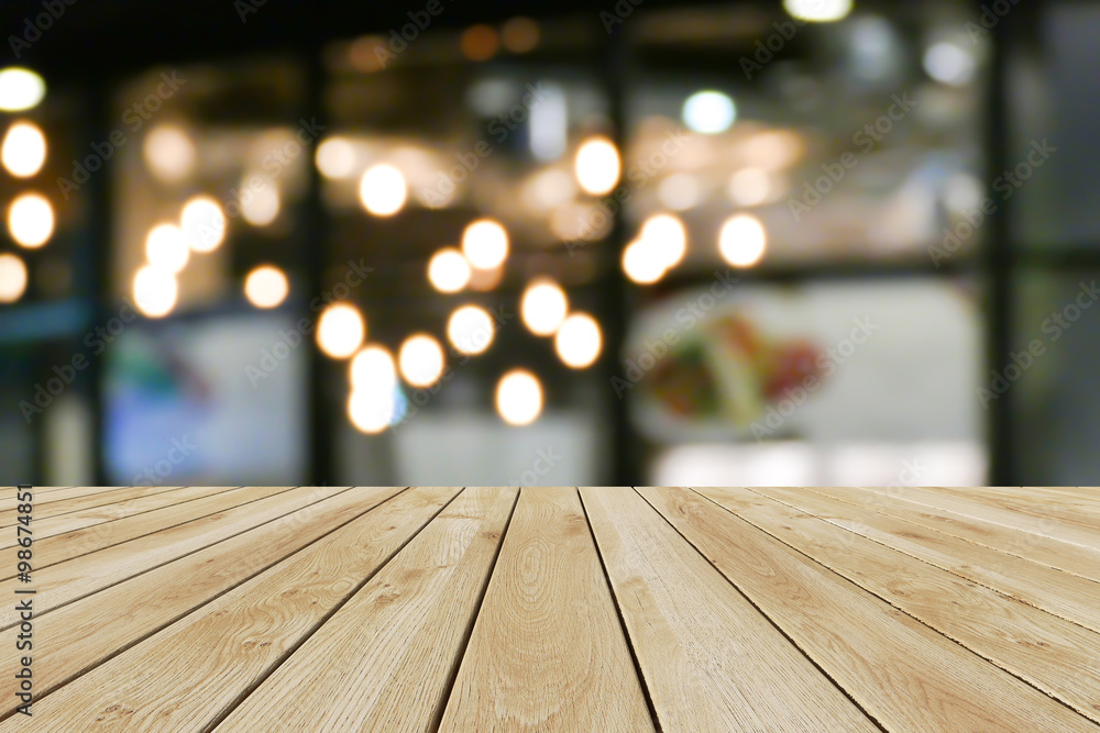 Perspective wood and bokeh light background