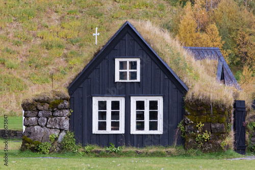 Traditional Icelandic House with grass roof. Skogar Folk Museum,