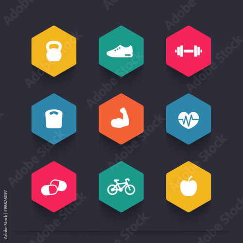 Fitness color hexagonal icons, vector illustration
