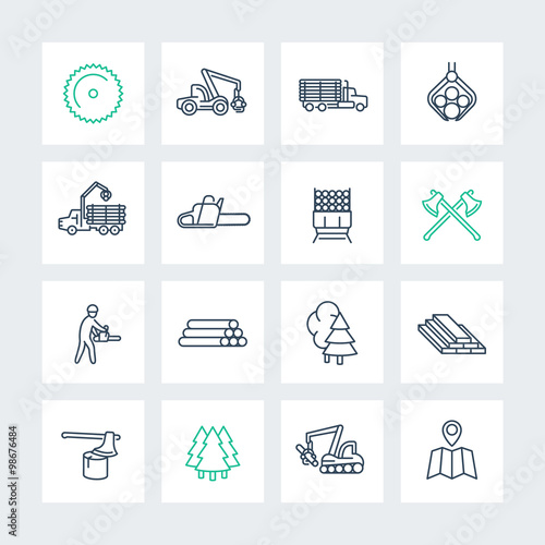 Logging line icons in squares, sawmill, logging truck, tree harvester, timber, lumberjack, lumber, vector illustration
