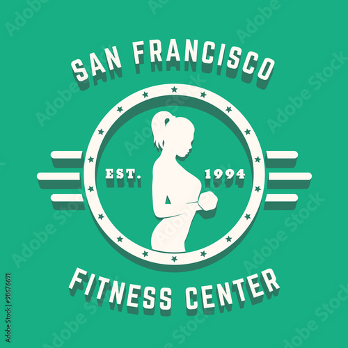 Round Vintage logo, emblem, sign with athletic exercising girl, vector illustration