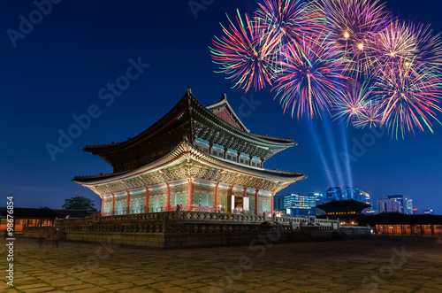 Colorful fireworks and Gyeongbokgung palace at night in Seoul, S