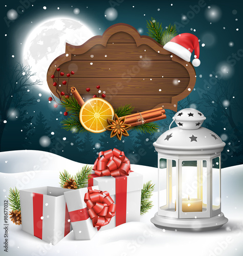 Christmas Lantern with Gift Boxes Wooden Frame and Spices on Dar