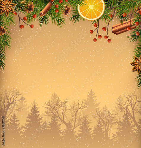 Pine Branches and Spices with Forest on Brown