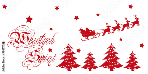 Świąteczna ozdoba, kartka dekoracyjna z mikołajem, saniami, choinkami oraz życzeniami