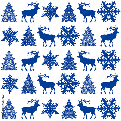 Christmas seamless pattern design - deer, snowflake and Christmas tree
